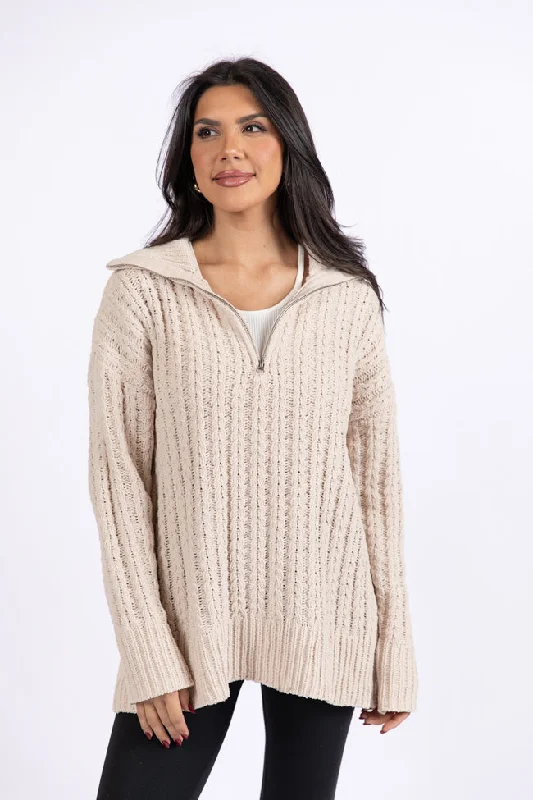 Women's Transitional Apparel Chic Trends Unveiled Forever Yours Beige Cable Knit Chenille Quarter Zip Sweater SALE