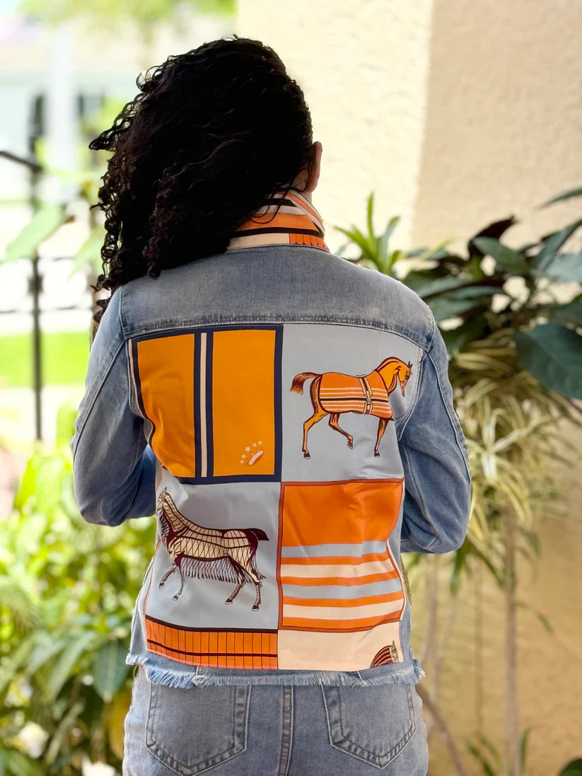 Women's Travel Attire Wardrobe Upgrade The Light Denim Jacket / Light Blue with Orange Horse