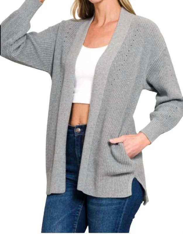 Women's Stylish Professional Apparel Your Timeless Wardrobe Awaits Eyelet Open Cardigan Sweater In Heather Grey