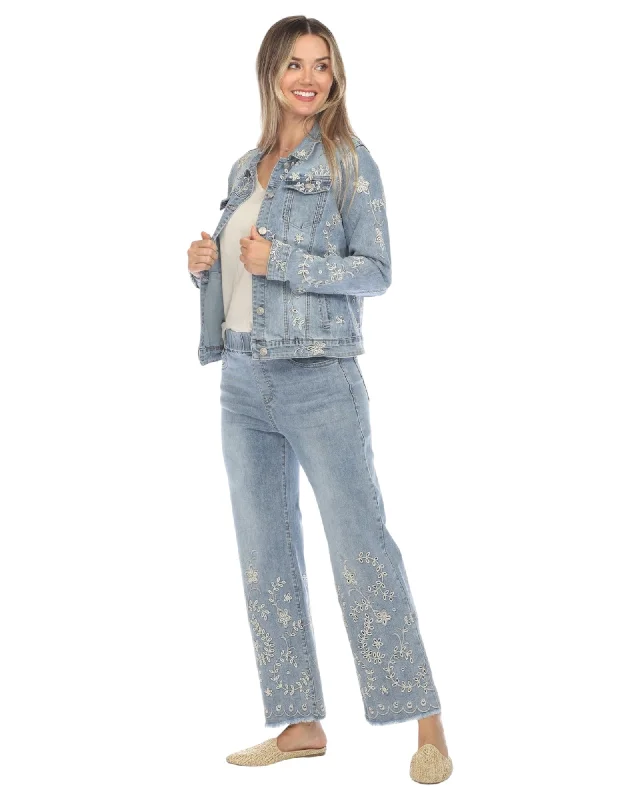 Women's Travel Outfit Set Limited Time Offer Floral Denim Jacket