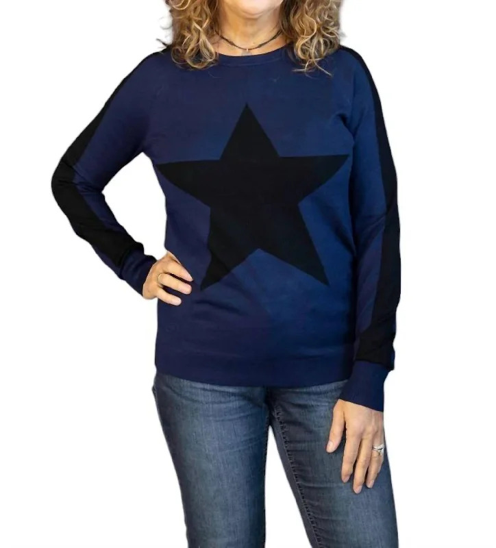 Women's Garments Art Deco Geometric Pattern Look Star Crew Neck Sweater In Navy