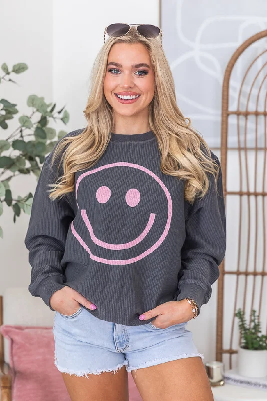 Women's Vintage Attire Feminine Grace Pink Smiley Charcoal Corded Graphic Sweatshirt