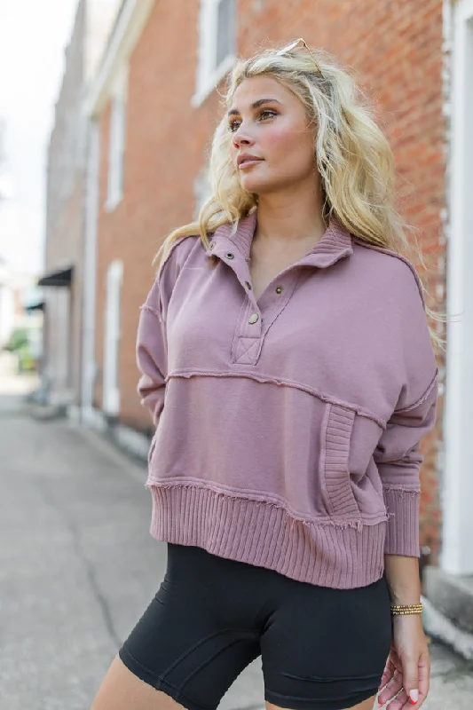 Women's Holiday Clothing Comfortable Clothes Just Go With It Mauve Crop Henley Pullover SALE