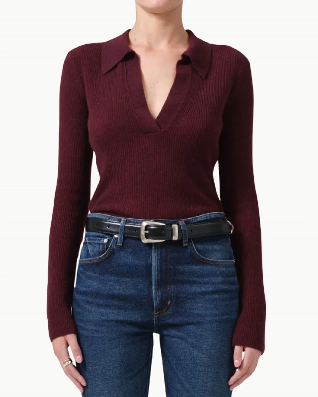 Women's Vintage Clothes Comfort Meets Fashion Simone Polo Sweater In Burgundy