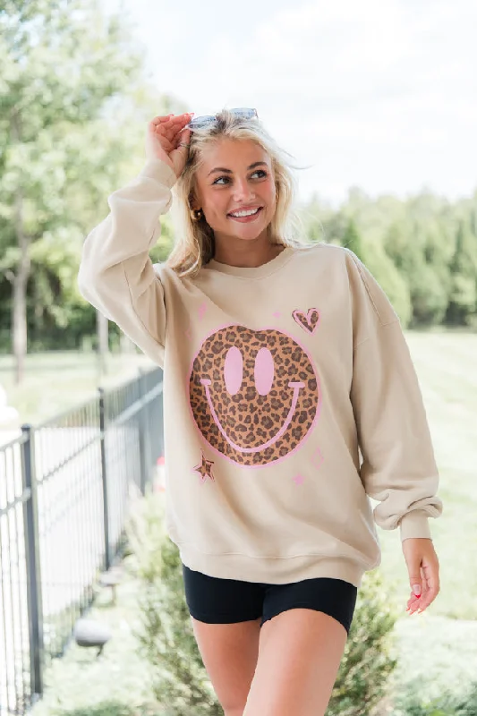 Women's Outerwear Apparel Trend Setting Threads Leopard Smiley Face Cream Oversized Graphic Sweatshirt