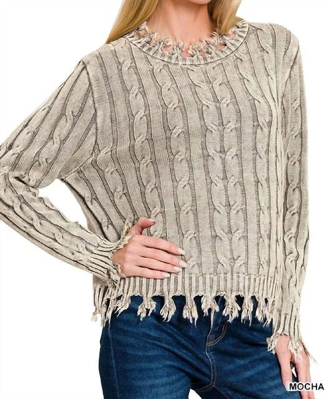 Modern Women's Clothes Valentine's Special Bonnie Washed Cable Knit Fringe Sweater In Mocha