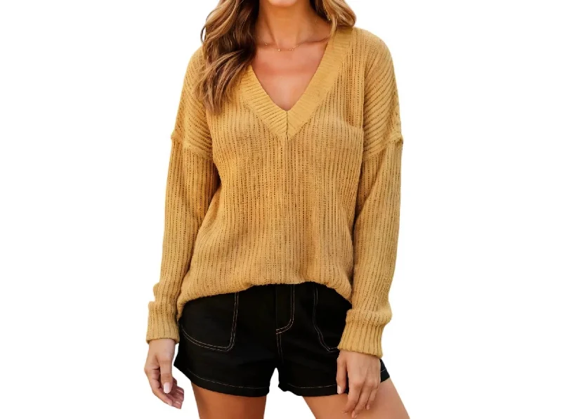 Women's Fashionable Attire For Work Ethnic Cultural Event Wear Oversized V-Neck Knit Sweater With Ribbed Details In Brown