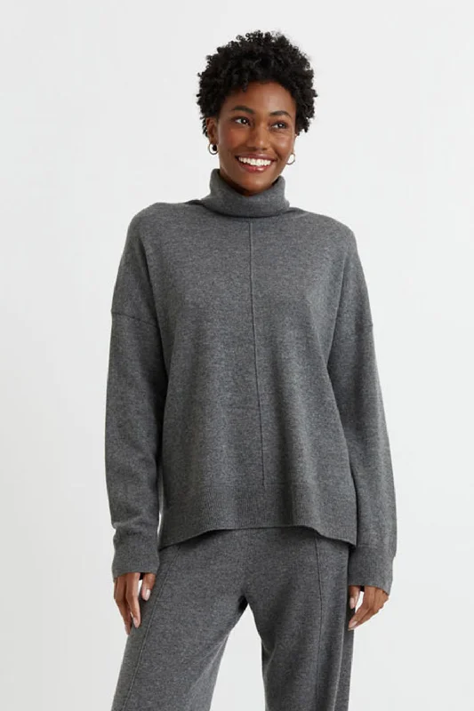 Stylish Women's Apparel Trendy Street Style Attire Dark-Grey Wool-Cashmere Rollneck Sweater