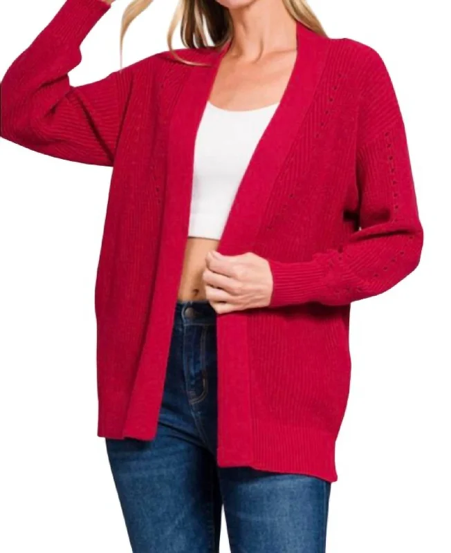 Women's Athleisure Apparel Innovate Your Wardrobe Eyelet Open Cardigan Sweater In Red