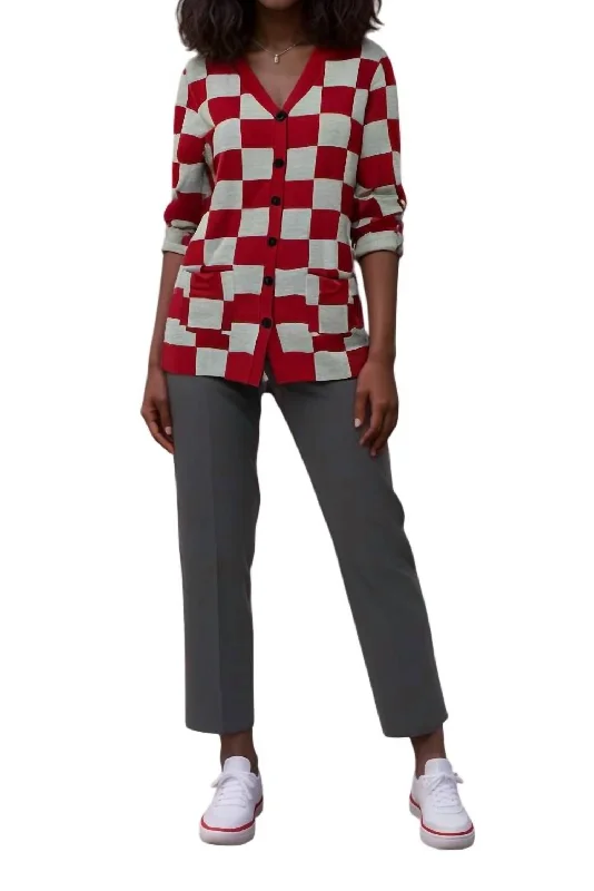 Women's Fashion-Forward Apparel Exclusive Sale Check Me Out Cardigan In Burgundy And Grey Checkered