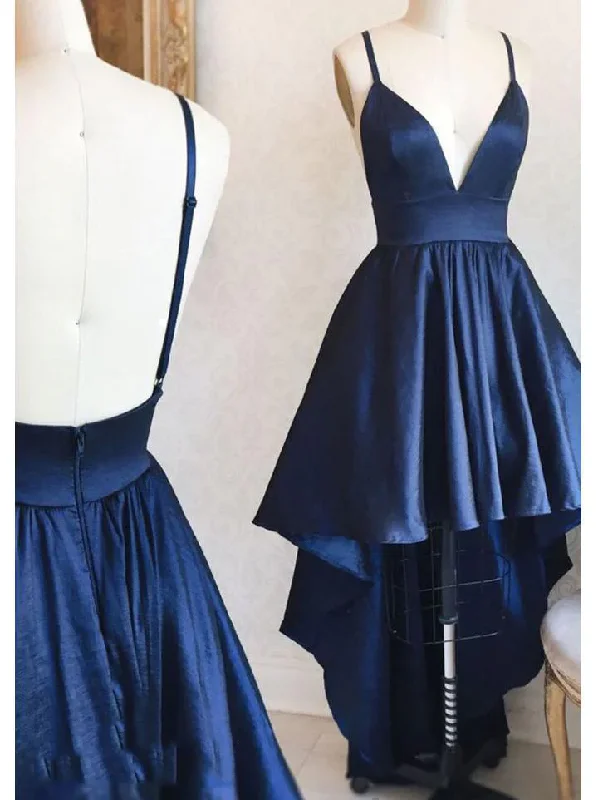 Luxury Women's Clothes Style Without Limits High Low Navy Blue Deep V Neck Spaghetti Straps Backless A Line Satin Homecoming Dresses gh1737