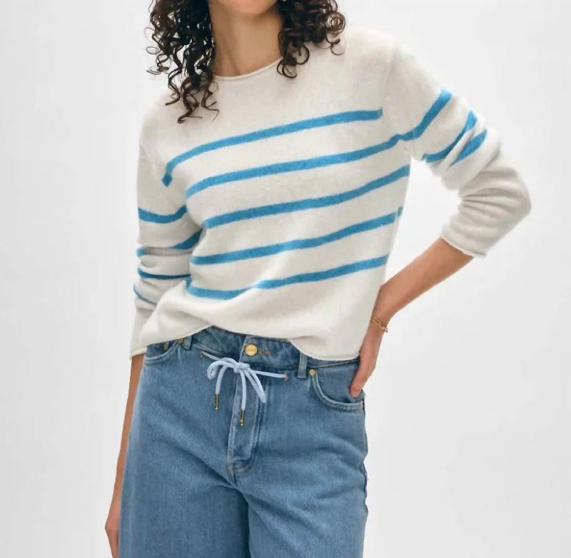 Affordable Fashion Clothing For Women Elegant Styles Cashmere Stripe Roll Trim Sweater In White/blue