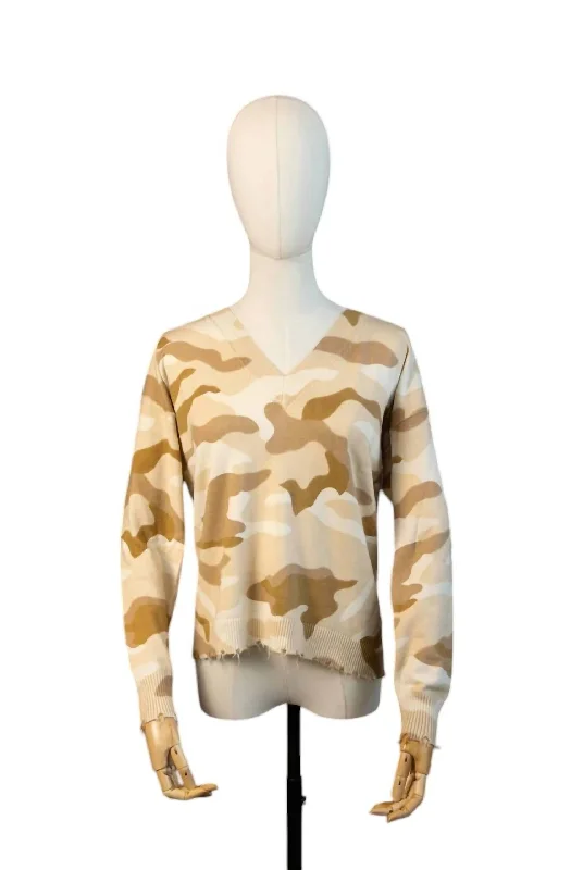 Women's Stylish Professional Garments Summer Splash Sale Women's Camo V Neck Sweater In Oat