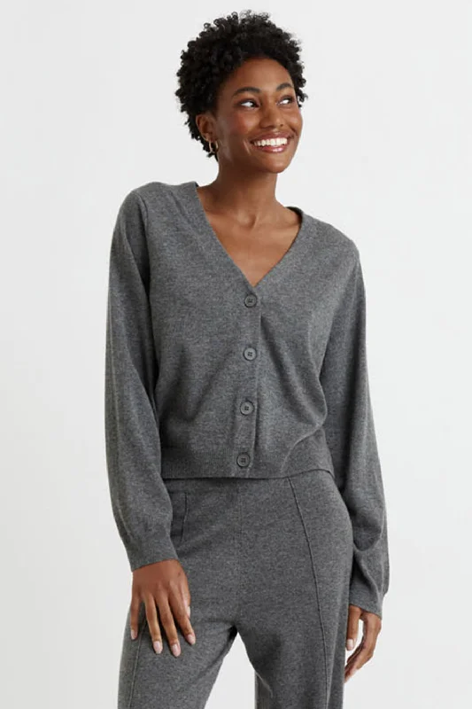 Women's Athletic Apparel Elegant Simplicity Wardrobe Dark-Grey Wool-Cashmere Cropped Cardigan