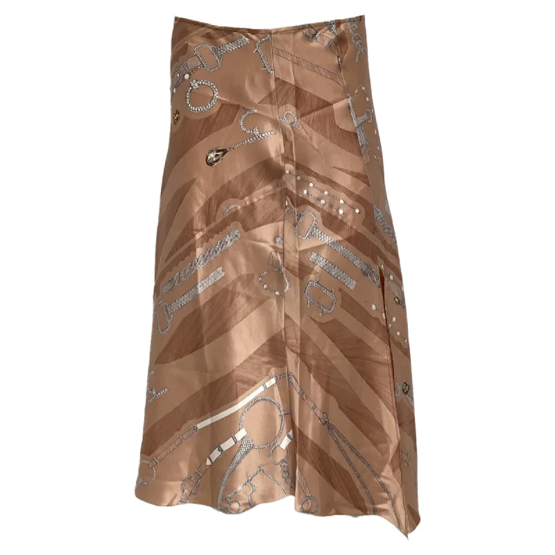 Elegant Women's Evening Garments Sleek Design Hermès Printed Midi Skirt in Beige Silk