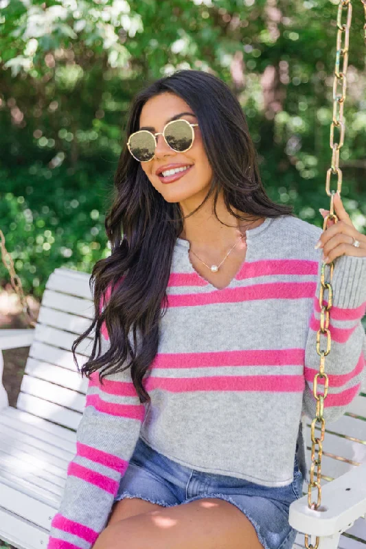 Women's Comfy Loungewear Outfit Modern Casual Clothing Sweet Affection Grey And Fuchsia Striped Notched Neck Sweater