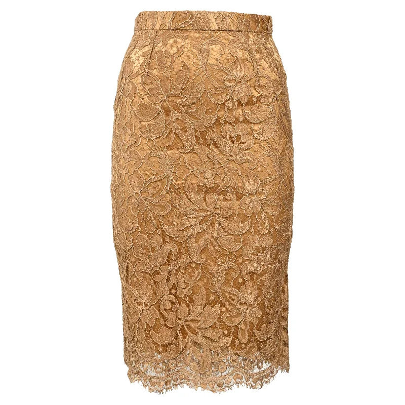 Women's Romantic Outfit Style Upgrade Dolce & Gabbana Lace Detail Midi Pencil Skirt in Brown Viscose