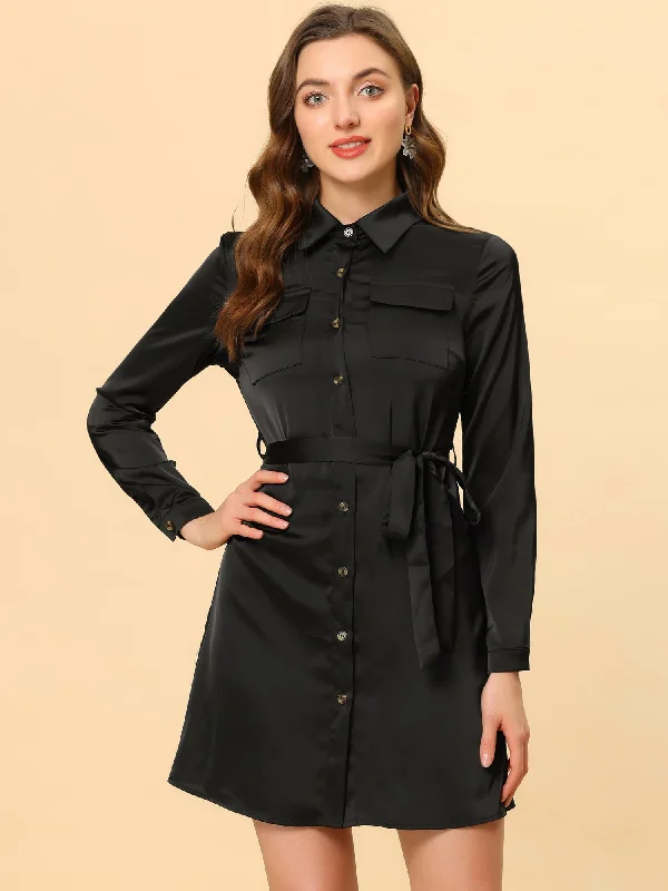 Comfortable Women's Clothes New In This Season Lapel Belt Long Sleeve Button Satin Above Knee Dress