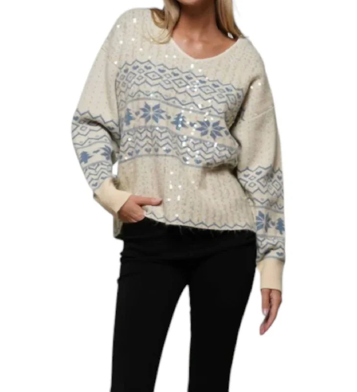 Women's Trendy Attire Sophisticated Cut V-Neck Christmas Sweater In Beige