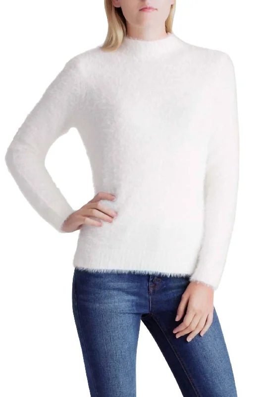 Stylish Women's Attire Modern Romance Fur Yarn Long Sleeve Mock Neck Sweater In White