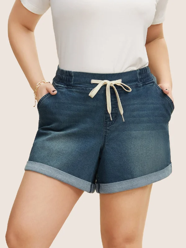 Women's Apparel Limited Time Offers Dark Wash Roll Hem Drawstring Denim Shorts