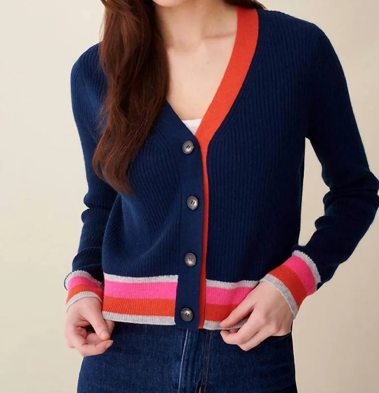 Women's Active Outfit For Fitness Effortless Style Stella Rib V Cardigan In Navy Multi