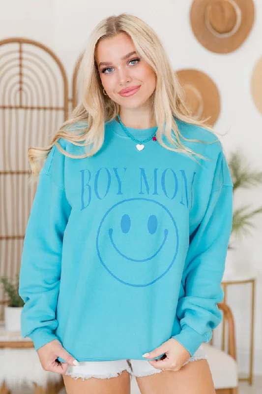 Women's Outdoor Attire Classic Charm Boy Mom Aqua Blue Oversized Graphic Sweatshirt